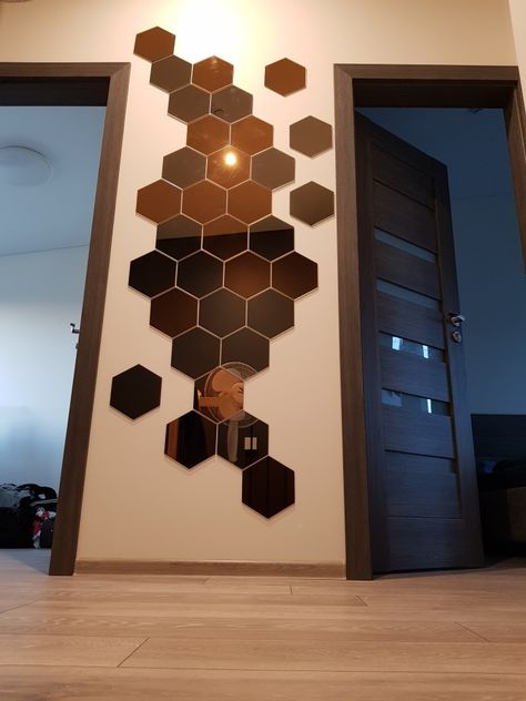 Our idea of using IKEA Honefoss mirror Hexagon Mirror Wall Decor, Mirror Wall Design, Diy Mirror Wall Decor, Hexagon Decor, Wall Decor Living Room Modern, Diy Mirror Wall, Bee Craft, Mirror Decor Ideas, Hexagon Mirror