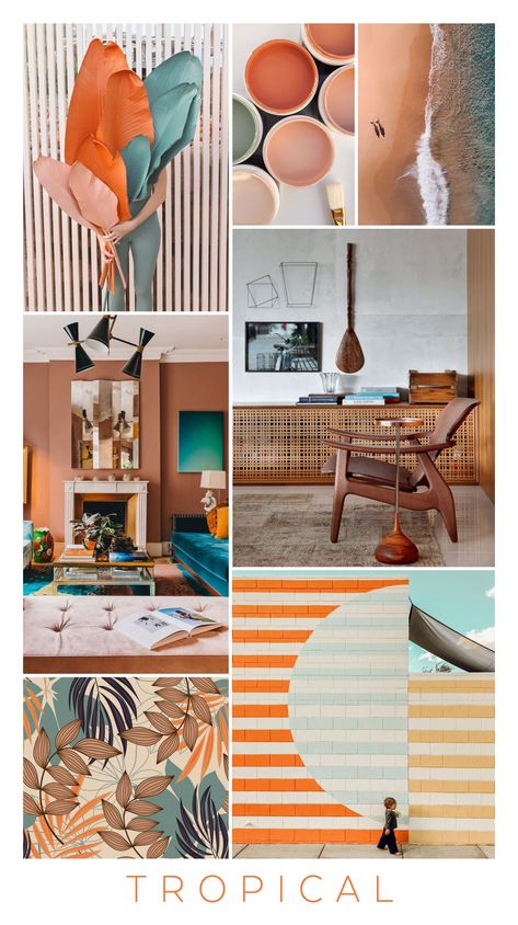 Tropical Mood Board Interior, Tropical Interiors Modern, Tropical Chic Interior Design, Tropical Office Decor Inspiration, Caribbean Aesthetic Decor, Tropical Office Interior Design, Modern Tropical Color Palette, Tropical Mood Board, Teal And Orange Color Palette