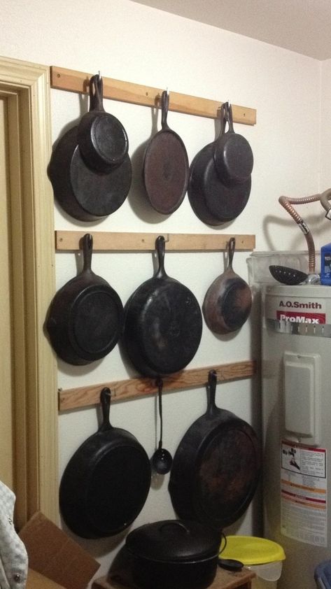 Cast Iron Hanging Pot Rack - Ideas on Foter Cast Iron Skillet Wall, Pans Storage Ideas, Skillet Wall, Cast Iron Storage, Industrial Kitchens, Cast Iron Pans, Pan Storage, Pot Racks, Pot Rack Hanging