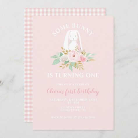 Some Bunny is One Floral First Birthday Invitation Some Bunny Birthday, Turning One Birthday, Some Bunny Is Turning One, Floral First Birthday, Pink First Birthday, Some Bunny Is One, Bunny Birthday Party, Easter Invitations, Spring Birthday