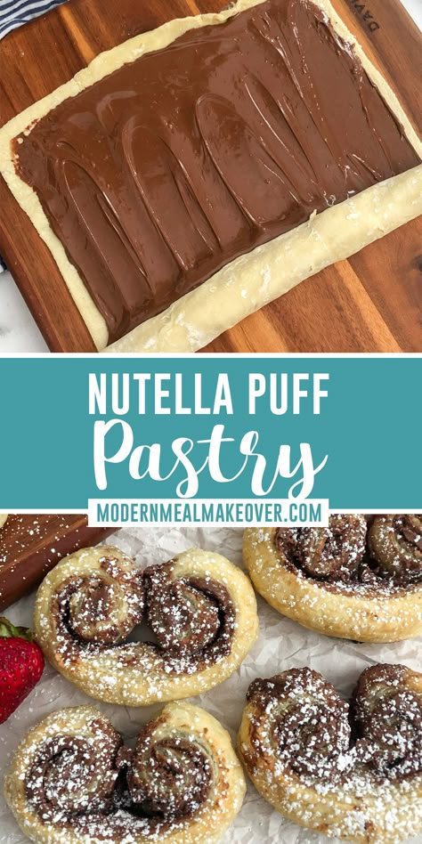 How to make a Nutella puff pastry. Easy Pastries For A Crowd, Puff Pastry Recipes Dessert Chocolate, Dessert Ideas With Puff Pastry, Nutella Appetizers, Make Ahead Pastries, Easy Nutella Puff Pastry Recipes, Puff Pastry Recipes With Nutella, Ready Rolled Puff Pastry Recipes, Phyllo Nutella