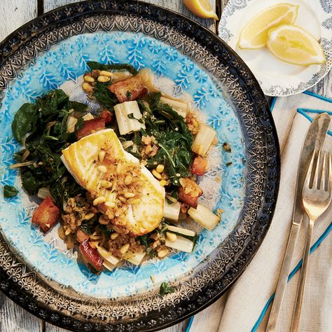 Celebrity chef Curtis Stone makes meaty halibut taste even better by serving it with a fragrant sauce of brown butter, lemon and pine nuts. Swiss Chard Recipe, Curtis Stone Recipes, Seared Halibut, Grilled Halibut, Swiss Chard Recipes, Mothers Day Dinner, Chard Recipes, Curtis Stone, Celebrity Chef