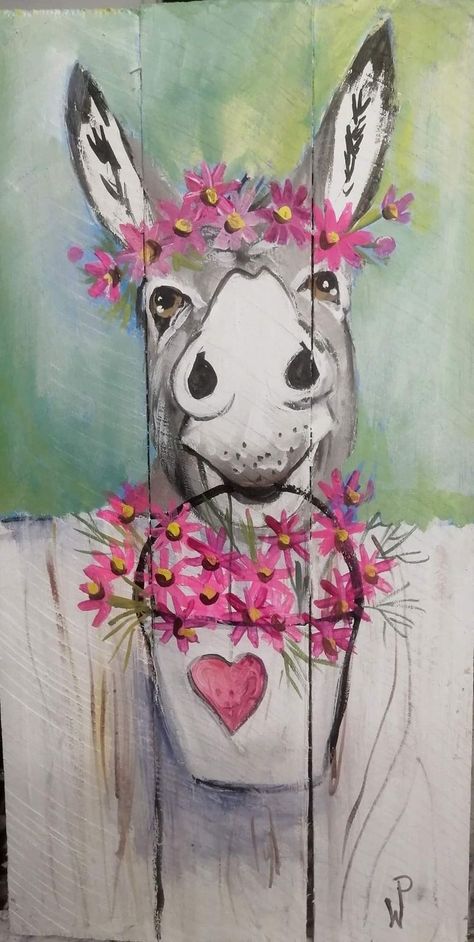 Acrylic Painting Farm Animals, Whimsical Country Home, Donkies Art, Whimsical Cow Art, Farm Animal Canvas Painting, Cute Farm Animal Paintings, Donkey Paintings On Canvas, Donkey With Flowers, Cute Donkey Drawing Art