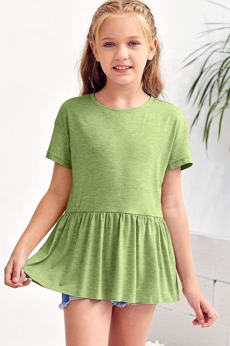 ound neck, short sleeve, loose fit t shirt, peplum babydoll top, ruffle hem blouses top, solid color, summer tees shirts, casual tunic tops, crewneck cute top for girl. #peplum_tops #tunic_tops Ruffle Hem Blouse, Summer Tee Shirts, Short Sleeve Tops Casual, Summer Tees, Peplum Tops, Tunic Tops Casual, Tops Casual, Short Sleeve Tops, Babydoll Top