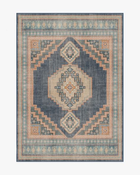 Rayne Soft Navy Rug Coral Rug, Ornate Border, Tan Rug, Ruggable Rug, Flatweave Area Rug, Flat Woven Rug, Navy Rug, Bohemian Area Rugs, Navy Area Rug