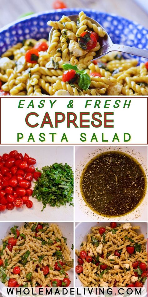 Caprese pasta salad pin with 5 photos, top in a blue white bowl and a serving spoon full and bottom 4 pics with steps in making it. Pasta Salad With Mozzarella Balls, Salad With Mozzarella Balls, Pasta Salad With Mozzarella, Lunch Kids, Steak Shrimp, Mozzarella Balls, Caprese Pasta Salad, Best Side Dish, Pasta Salad Dressing