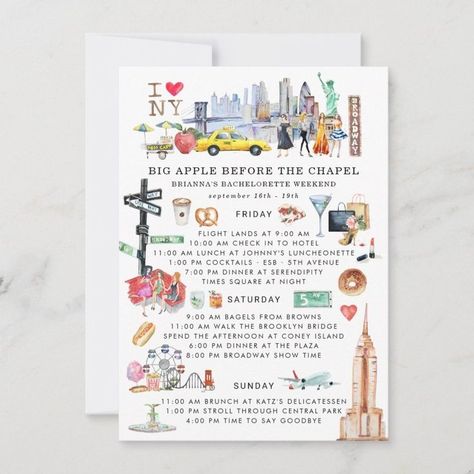 Bachelorette Weekend Itinerary  New York City  Zazzle Bachelorette Party Nyc, Last Fling Before The Ring, Itinerary Design, Glow In Dark Party, New York Theme, Bachelorette Weekend Itinerary, Watercolor Travel, Bachelorette Invitation, Bachelorette Itinerary