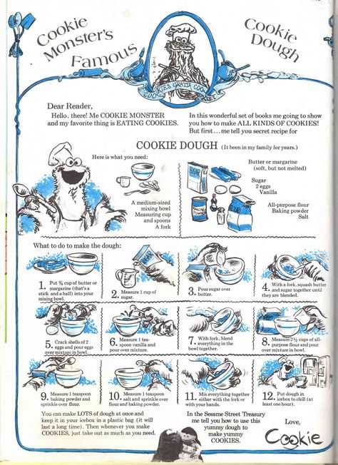 Cookie Monster Famous Cookie Dough Recipe -  first published in Big Bird’s Busy Book in the 1970s Secret Cookie Recipe, Sugar Cookie Dough Recipe, Monster Cookie Dough, Disney Themed Food, Disney Inspired Food, Monster Cookies Recipe, Sesame Street Books, Cookie Dough Recipe, Cookie Monster Party