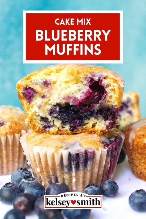 Cake Mix Blueberry Muffins Cake Mix Blueberry Muffins, Fresh Blueberry Muffins, Blueberry Muffin Cake, Lemon Cake Mix Recipe, Blueberry Cake Mix, Cake Mix Muffins, Blueberry Muffins Recipe, Powdered Sugar Glaze, Berry Muffins