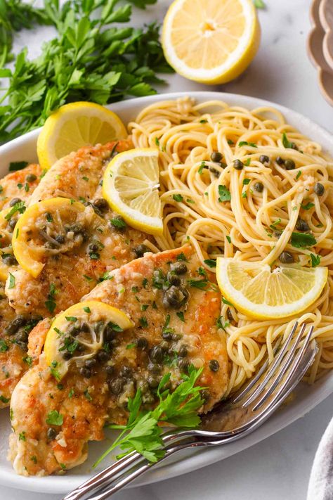 Chicken Piccata Pasta Pasta Recipes With Capers, Lemon Piccata Chicken, Piccata Pasta, Shrimp Piccata, Chicken Pasta Dinner, Chicken Piccata Pasta, Lemony Chicken, Bruschetta Chicken Pasta, Capers Recipe