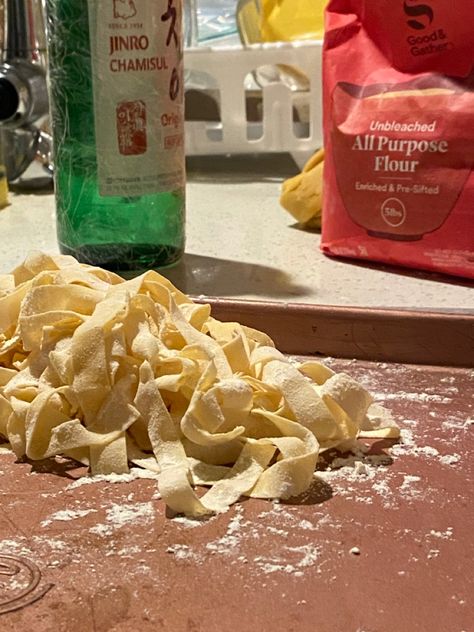 Fresh Pasta Handmade Homemade Soju Bottle Aesthetic Night Dinner Cooking Pasta Handmade, Bottle Aesthetic, Fresh Pasta, Soju, Soju Bottle, Cooking Dinner, Purpose Flour, Pasta