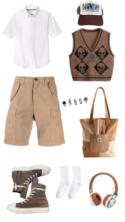 Brown Cargo Shorts Outfit, Brown Shorts Outfit, Brown Vest Outfit, Khaki Shorts Outfit, Cargo Shorts Outfit, Polo Outfit Men, 2000s Looks, Brown Cargo Shorts, White Tee Men