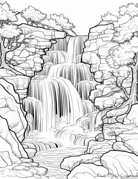 "Embark on a journey to a world of wonder with our \"Magical Waterfall\" coloring page. This printable design transports you to a breathtaking scene where a cascading waterfall tumbles down rocks into a sparkling pool, offering the perfect canvas for creating a vibrant and whimsical masterpiece. - Instant digital download: Start coloring right away.  - High-resolution: Sharp details and clear outlines.  - Printable on various paper sizes.  - Suitable for all skill levels.  Please note: This list How To Draw A Waterfall, Adult Colouring Printables Free, Waterfall Coloring Pages, Waterfall Sketch, Scenery Coloring Pages, Magical Waterfall, Waterfall Drawing, Drawing Outlines, Printable Paper Patterns