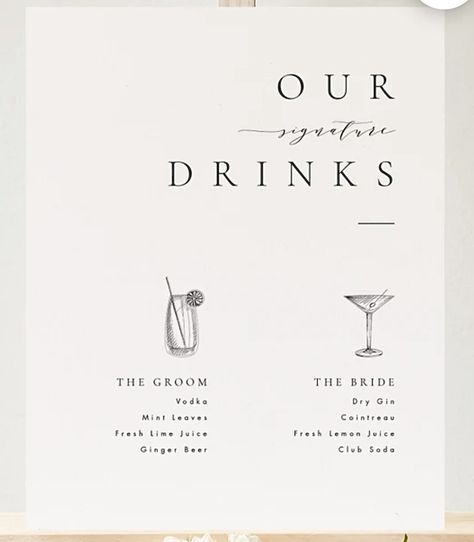 Cocktail Signs Wedding, Cocktail Menu Wedding Bar Ideas, Welcome Drinks Wedding, Wedding 2024 Trends, Cocktail Menu Wedding, Menu Wedding Sign, Wedding Bar Signage, Cocktail Sign Wedding, Signature Drink Menu