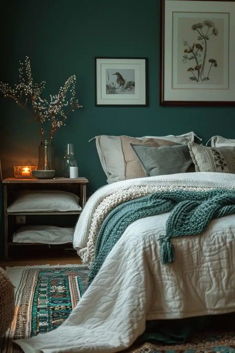 29 Dark Teal Bedroom Ideas To Create A Tranquil And Luxurious Retreat - Courtneys World Teal Green Bedroom, Dark Teal Bedroom Ideas, Teal And Gray Bedroom, Dark Teal Bedroom, Jewel Tone Bedroom, Blue Green Bedrooms, Terracotta Bedroom, Teal Bedroom Ideas, Sage Bedroom