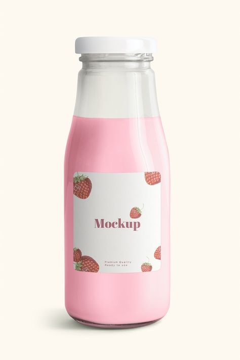 Fresh strawberry milk in a glass bottle with a label mockup | premium image by rawpixel.com / PLOYPLOY Strawberry Milk Bottle, Bottle Drink, Label Mockup, Milk Packaging, Rose Milk, Strawberry Juice, Glass Packaging, Asian Snacks, Strawberry Banana Smoothie