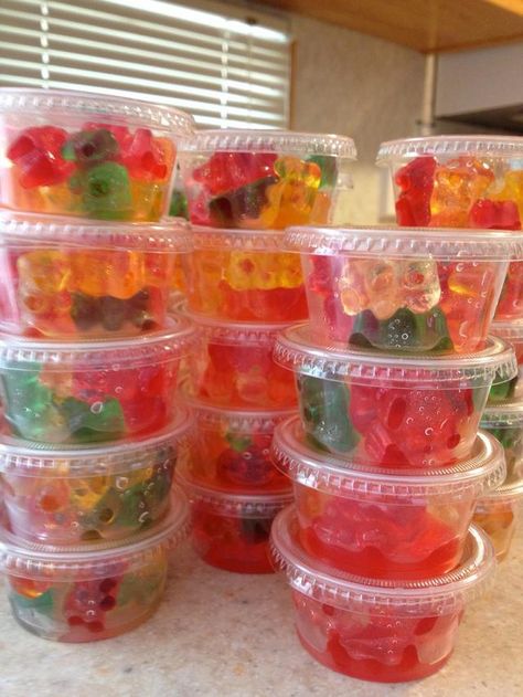 Rummy Bears!   1 large package of Gummy Bears Approximately 400 Milliliters of Mango Rum. A large container with a lid. Stir frequently at the beginning. Let them soak overnight. Serve in small cups with a lid.  Move over Jell-O shots! Rummy Bears, Alcohol Gummy Bears, Mango Rum, Jello Shot Recipes, Shot Recipes, Coconut Rum, Jello Shots, Diet Vegetarian, Alcohol Drink Recipes