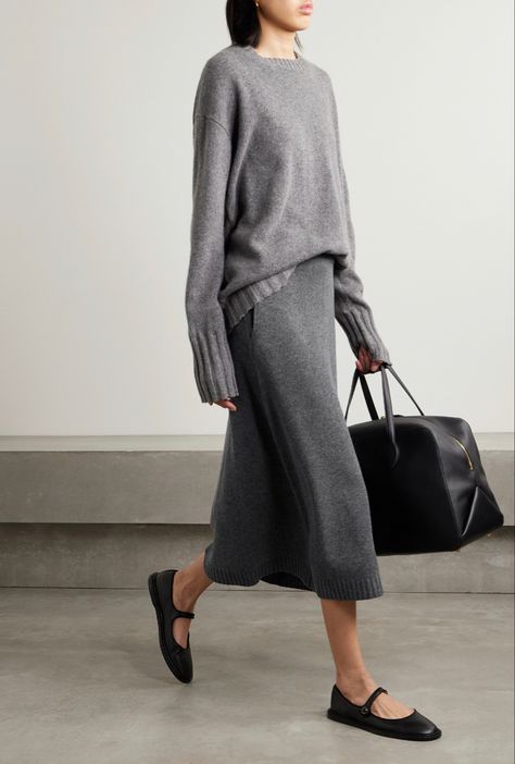 Midi Skirt Outfit, Grey Outfit, Skirt Outfit, 가을 패션, Gray Skirt, Work Fashion, Grey Fashion, Brunello Cucinelli, Skirt Outfits