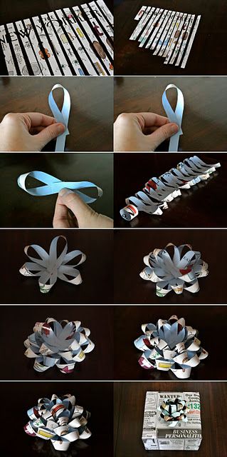 Great tutorial for making a bow out of a magazine, newspaper or wrapping paper for Christmas Gift Joululahjat Diy, Projek Diy, Kerajinan Diy, Presente Diy, Buat Pita, Gift Bows, Wrapping Ideas, Make A Gift, Crafty Craft