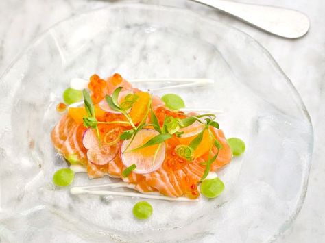 Tequila-Cured Salmon With Trout Roe and Meyer Lemon Crema Lemon Crema, Trout Roe, Cured Salmon, Raw Salmon, Sushi Menu, Ceviche Recipe, Gourmet Dinner, Meyer Lemon, Crispy Potatoes