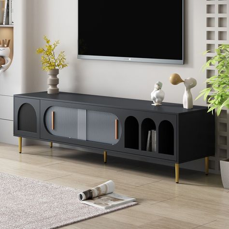 Description With its romantic modern impression, this TV stand combines elegance and functionality seamlessly. Arched Shelf, 70 Inch Tv, Tv Console Cabinet, Hidden Cabinet, Acrylic Door, Tv Entertainment Centers, Media Console Table, Wooden Tv Stands, 3 Shelves