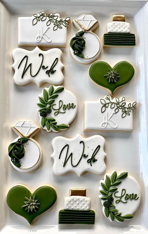 Wedding Cookies Decorated Simple, Camo Cookies, 50th Anniversary Cookies, Wedding Cookies Decorated, Kim Wedding, Wedding Shower Cookies, Anniversary Cookies, Engagement Cookies, Olive Green Weddings