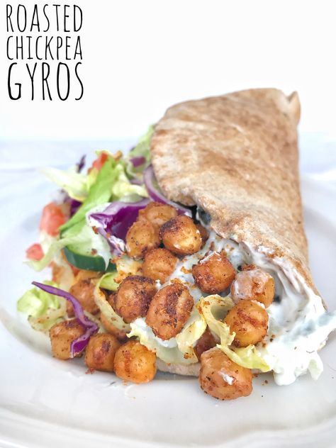 Roasted Chickpea Gyros Chickpea Gyros, Roasted Garbanzo Beans, Roasted Chickpea, Greek Gyros, Roasted Red Pepper Hummus, Vegan Wraps, Chickpea Recipes, Supper Recipes, Roasted Chickpeas