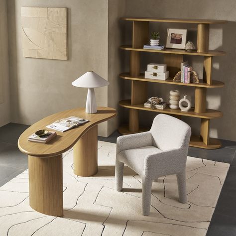 Make your shelf as captivating as the items it holds. The Posey Shelf features elegant curved panels, round poles and solid oak edges to instantly upgrade any space. Circular Shelves, Round Desk, Curved Desk, House Planning, Office Inspo, Parisian Apartment, Desk Design, Console Tables, Home Room Design