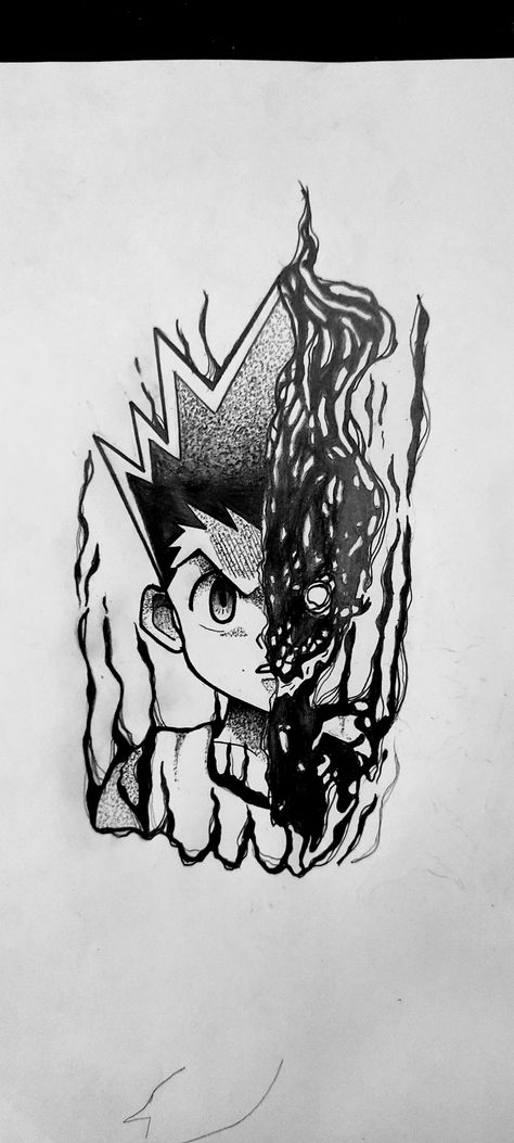 Black And Gray Anime Tattoo, Hxh Inspired Tattoos, Hxh Gon Tattoo, Gon Freecss Tattoo Design, Anime Tattoo Template, Mens Anime Tattoo, Tattoo Design Drawings Anime, Shikamaru Tattoo Design, Black And White Anime Tattoo Ideas