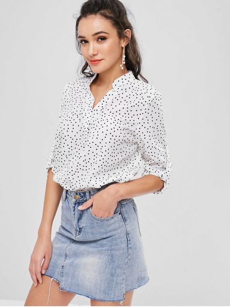 Polka Dots Shirt Outfit, Polka Dot Shirt Outfit, Blue Lace Blouse, Blouse Models, Polka Dot Shirt, Cute Blouses, Polka Dot Blouse, Blouse White, Blouse Styles