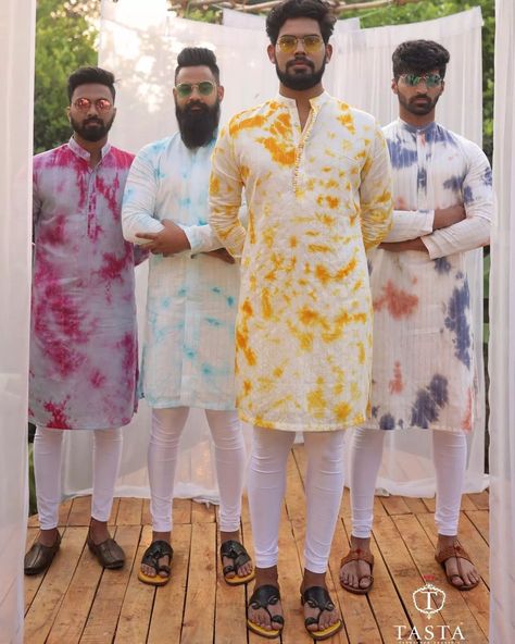 Colourful Kurta For Men, Tie Dye Kurta For Men, Holi Prints, Haldi Kurta For Men, Holi Dress, Kurta Fashion, Holi Theme, Marriage Clothes, Indian Wedding Suits Men