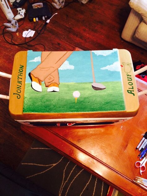 Golf side on top of formals cooler! Frat Cooler Top Ideas, Golf Cooler Painting, Frat Cooler Name On Top, Ka Frat Cooler, Golf Frat Cooler, Frat Cooler Painting, Formals Cooler, Painted Fraternity Coolers, Nola Cooler