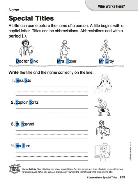 Special Titles Worksheet (Readers and Writers Workbook) Titles and names begin with Capital Letter. Write the title and the name correctly on the line. Special Names Worksheet For Grade 1, Common And Proper Nouns, Teaching Language, Proper Nouns, 1st Grade Worksheets, Book Report, Capital Letters, English Grammar, Teacher Life