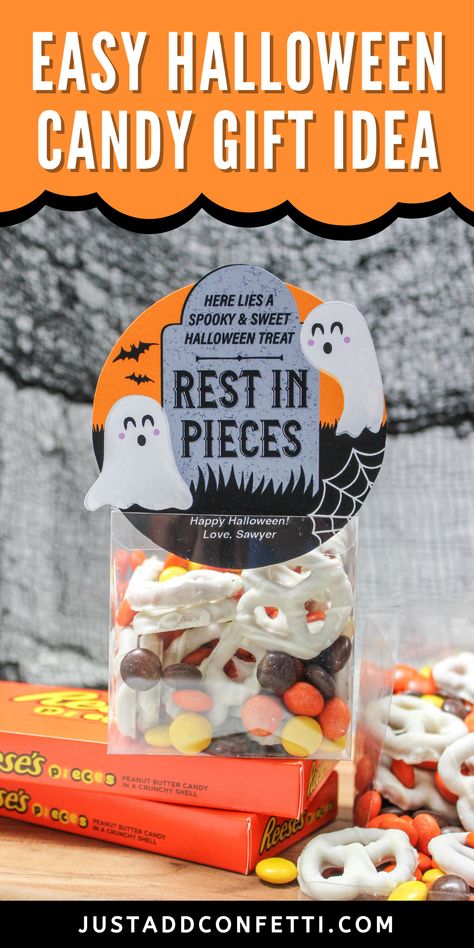 Halloween Treat Gifts, Tombstone Halloween, White Chocolate Covered, Dulces Halloween, Reese's Pieces, Halloween Goodie Bags, Halloween Tombstones, Camping Birthday Party, Classroom Treats