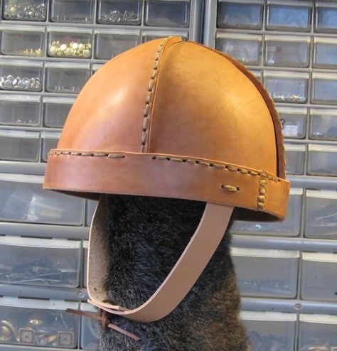 Speculative leather Viking helm Leather Helmet Medieval, Leather Helmet Pattern, Leather Helmet, Medieval Hats, Helmet Armor, Celtic Warriors, Viking Helmet, Helmet Covers, Cosplay Armor