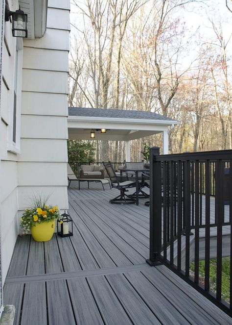 Custom Trex Deck/Porch, Malvern PA | 660 Sq Ft | Keystone Custom Decks Trex Deck Ideas Color Schemes, Color Schemes Gray, Trex Deck Ideas, Front Decks, Nautical Outdoor Decor, Aluminum Railings, Outdoor Deck Decorating, Pool Gazebo, Backyard Goals