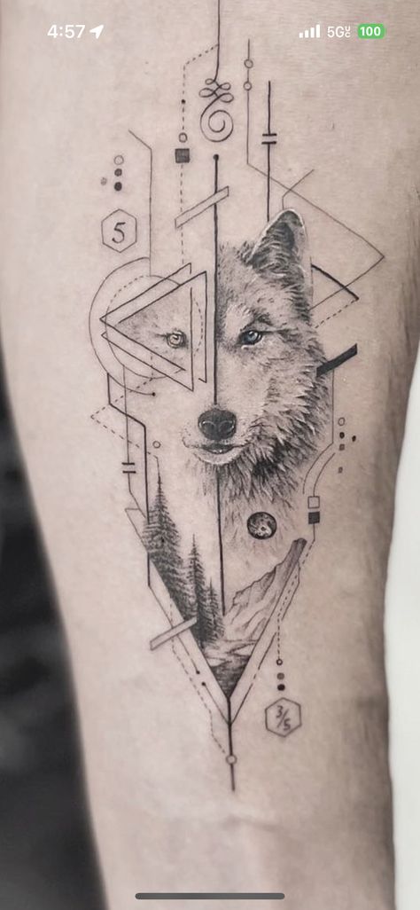 Geometric Dog Tattoo, Wolf Tattoos For Women, Geometric Wolf Tattoo, Luna Tattoo, Abstract Wolf, Geometric Wolf, Bear Tattoos, Wolf Tattoo Design, Bear Tattoo