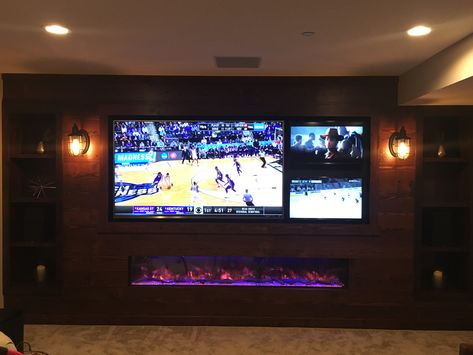 Multi TV setup in finished basement mancave Multiple Tv Wall Ideas Man Cave, Man Cave Tv Wall, Basement Mancave, Basement Movie Room, Tv Setup, Theater Room Design, Media Room Design, Man Cave Room, Home Cinema Room