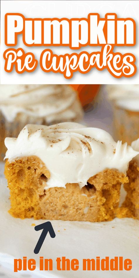 Pumpkin Pie Filled Cupcakes, Pumpkin Cupcake Filling, Pumpkin Filled Cupcakes, Pumpkin Cream Cheese Cupcakes, Pumpkin Cupcakes With Cream Cheese Icing, Pumpkin Cake Filling, Filling Cupcakes, Cream Cheese Filled Cupcakes, Pumpkin Pie Cupcakes Recipe