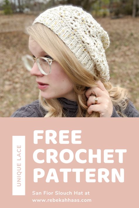 San Fior Crochet Lace Slouch Hat free crochet pattern Summer Crochet Hat, Free Lace Crochet Patterns, Slouch Beanie Crochet Pattern, Slouch Hat Crochet Pattern, Slouchy Hat Crochet Pattern, Hat Free Crochet Pattern, Slouch Hat Pattern, Crochet Slouchy Beanie, Crochet Slouch Hat