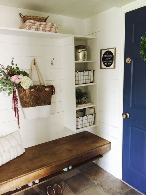 How to build a floating bench for your mudroom. This space used to be a hallway closet, and now it is the perfect, spacious, and functional mudroom! Floating Bench, Functional Mudroom, Farmhouse Mudroom, Mudroom Closet, Mudroom Makeover, Entry Closet, Mud Room Entry, Entryway Closet, Hallway Closet