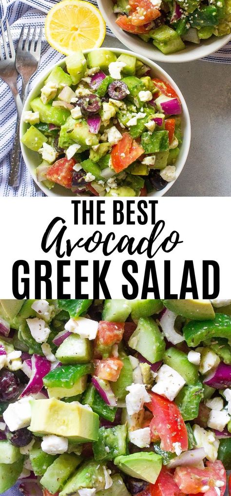 This Avocado Greek Salads has all of the authentic ingredients in a Greek Salad plus creamy avocado! It's easy and healthy! #healthy #salad #greek #avocado #healthylifestyle #easyrecipes #kathrynskitchen Avocado Greek Salad, Greek Salads, Salad Greek, Best Greek Salad, Chicken Ranch Pasta, Greek Salad Dressing, Mediterranean Pasta, Ranch Pasta Salad, Greek Salad Recipes