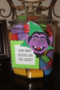 Sesame Street Party game - how many blocks in the Count's jar Sesame Street Birthday Party Favor Ideas, Sesame Street 2nd Birthday Party Ideas, Sesame Street Birthday Party Ideas 2nd, Sesame Street Party Food, Birthday Party Games Ideas, Sesame Street 2nd Birthday, Elmo Birthday Party Ideas, Guessing Jar, Sesame Street Birthday Party Ideas Boy