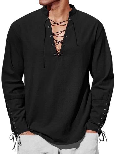 PRICES MAY VARY. 【Feature】: Mens Halloween medieval pirate cosplay shirt, long sleeves, v neck, cuff with drawstring, banded collar, lace up closure, loose fit, split hem, Medieval vintage style. 【Material】: 70% Cotton and 30% linen. Crafted from high-quality linen fabric, this shirt is soft, lightweight, and breathable. Keep you comfortable while participating in various activities. 【Match】：This shirt can match with cosplay pants, hats and belt, and great for wearing with all kinds of boots. 【O Moda Medieval, Pirate Cosplay, Pirate Shirts, Yoga Shirt, Beach Yoga, Up Costumes, Men Beach, Casual Design, Moda Vintage