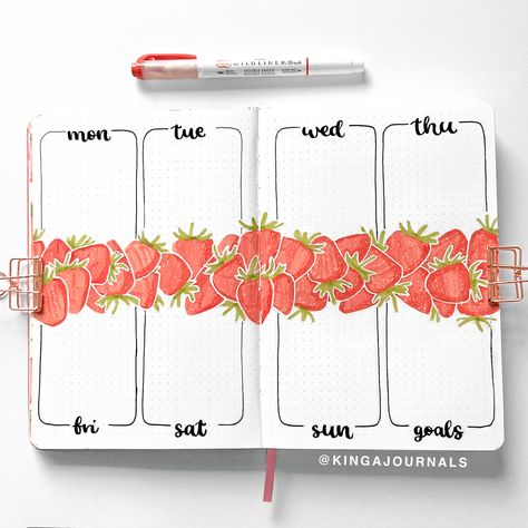 September Bullet Journal Weekly Spread, Bujo Fruit Theme, Month Spread Bullet Journal, Bujo Strawberry Theme, Bullet Journal Fruit Theme, Strawberry Mood Tracker, Fruit Bullet Journal, Strawberry Bujo, Strawberry Bullet Journal