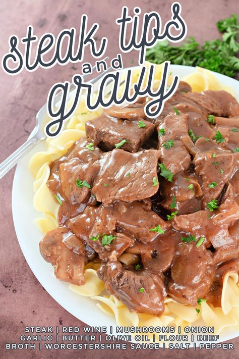 These perfect Beef Tip and Gravy will absolutely melt in your mouth. Serve with mashed potatoes or noodles for a really impressive one pan meal! #steak #dinner #beeftips #steaktips Beef Tip And Gravy, Beef Tip, Beef Tips With Gravy, Easy Goulash Recipes, Beef Tips And Gravy, Meat Casserole, One Pan Meal, Steak Tips, Sheet Pan Dinners Chicken