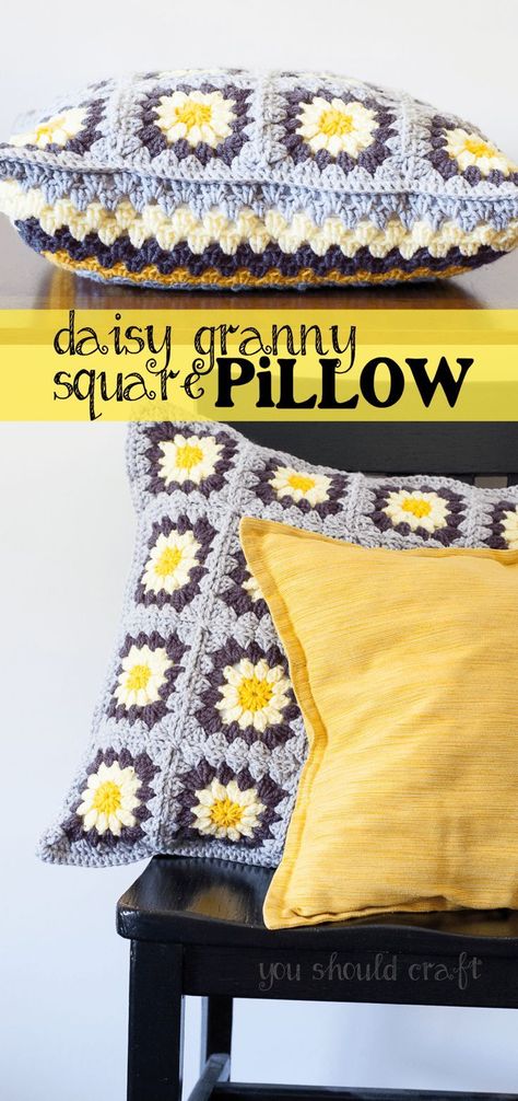 Decorate your home for spring and crochet a pillow with bright daisy granny squares. The free pattern and photo-tutorial from @YouShouldCraft will show you how! Click to make your pillow now, or re-pin for later! Crochet A Pillow, Granny Square Pillow, Daisy Granny Square, Crochet Pillow Patterns Free, Sunburst Granny Square, Granny Square Projects, Granny Pattern, Crochet Pillow Cover, Crochet Cushion Cover