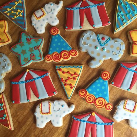 Circus Decorated Sugar Cookies #circusparty #circus #circustheme #retirement #retirementparty #specialoccasion  #partyfood #cookies #cookiedecorating Circus Cookies Decorated, Circus Cupcakes, Circus Food, Retirement Party Themes, 1 Cookies, Circus Cookies, Italian Biscuits, Themed Cookies, Best Bakery