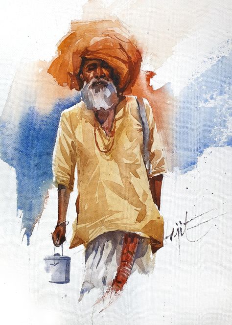 Watercolor Indian Paintings, Watercolor Figure Drawing, Composition Watercolor Painting, India Watercolor Painting, Watercolor Art Indian, Indian Watercolor Paintings, Human Figure Painting, Watercolor Figure Painting, Human Composition