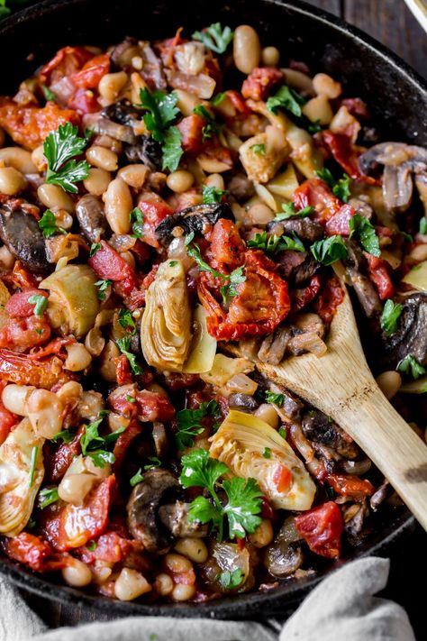 Tuscan White Bean Skillet, White Bean Skillet, Tuscan White Bean, Blue Zones Recipes, Vegan Mediterranean, Zone Recipes, Blue Zones, Quick Weeknight Dinners, Skillet Meals